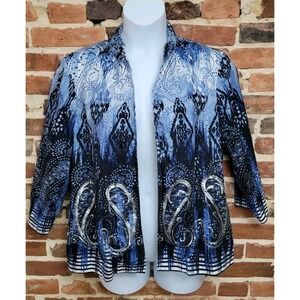 Chico's Jacket Women Size 3 Linen Cotton Paisley Print Sequin Open Front  Art